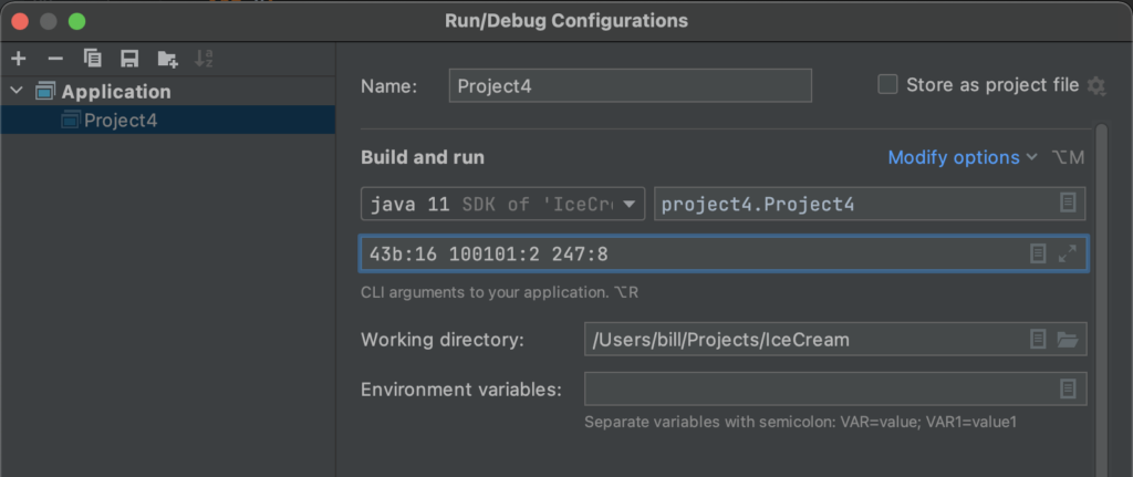 Configuration panel showing program arguments location.