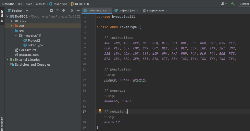 Screenshot view of the TokenType enumerations in IntelliJ.