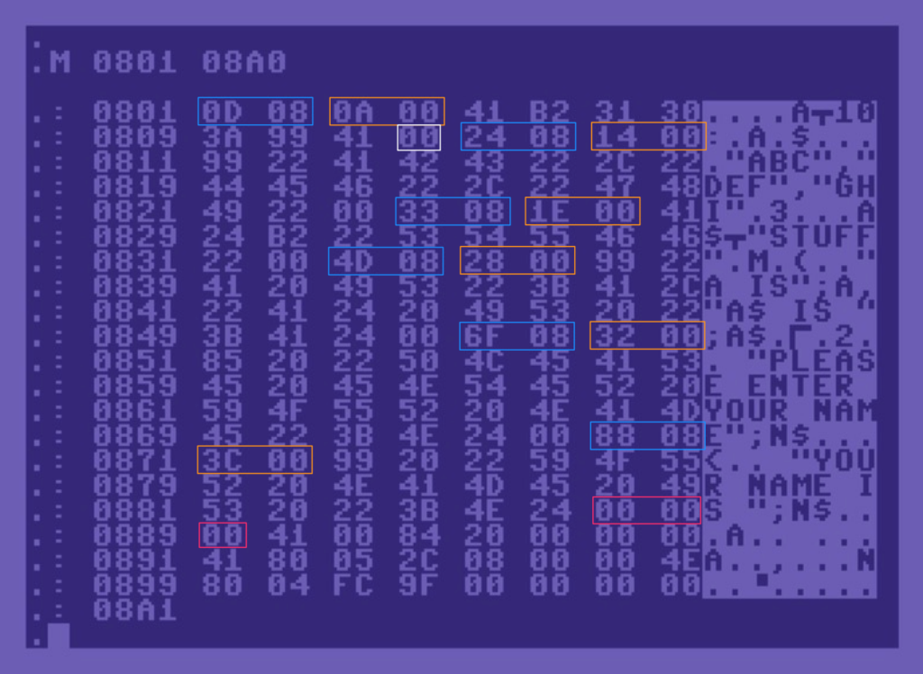 c64 hex dump with colorized memory locations